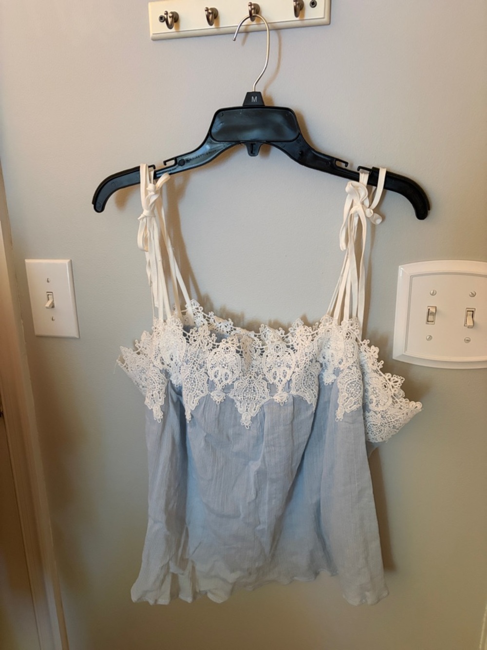 Anthropologie Lace-Trim Light Blue Tie Strap Top
